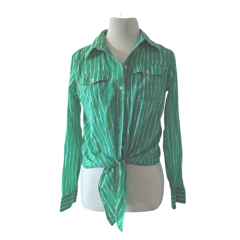 Lauren Ralph Lauren Petite Green White Striped‎ Tie Front Cotton Shirt Size PS